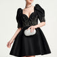 Black Puff Sleeve Cocktail Dress with Crystal Embroidery