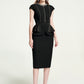 Black Cap Sleeve Peplum Pencil Dress with Embellished Neckline
