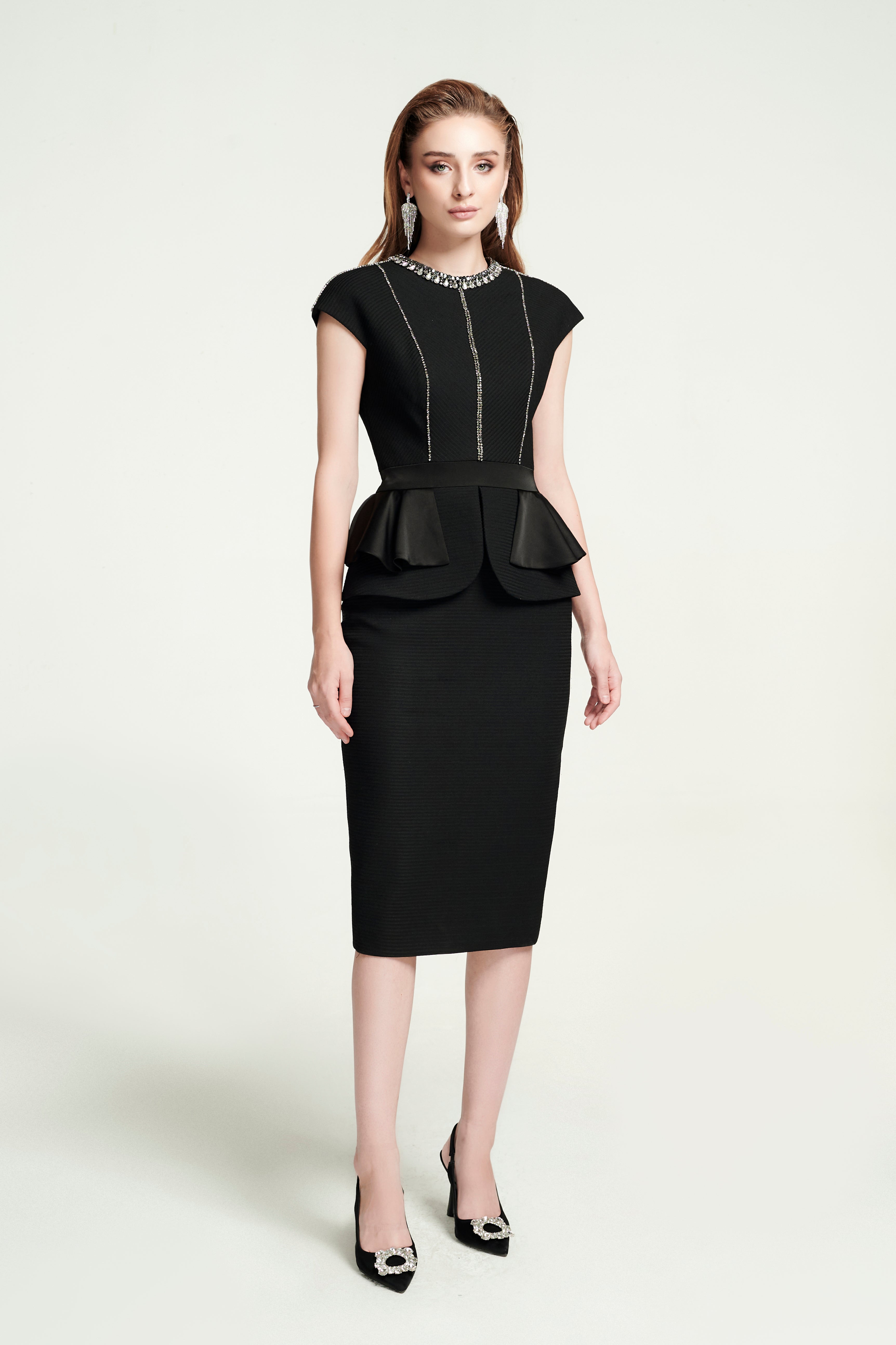 black cap sleeve peplum dress Short Sleeve Peplum Midi Dress Black