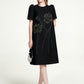 Black Shift Dress with Floral Embroidery and Puff Sleeves
