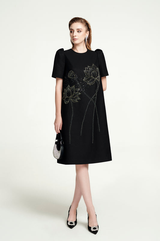 Black Shift Dress with Floral Embroidery and Puff Sleeves