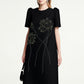 Black Shift Dress with Floral Embroidery and Puff Sleeves