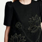 Black Shift Dress with Floral Embroidery and Puff Sleeves