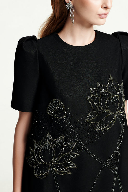 Black Shift Dress with Floral Embroidery and Puff Sleeves