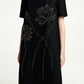Black Shift Dress with Floral Embroidery and Puff Sleeves
