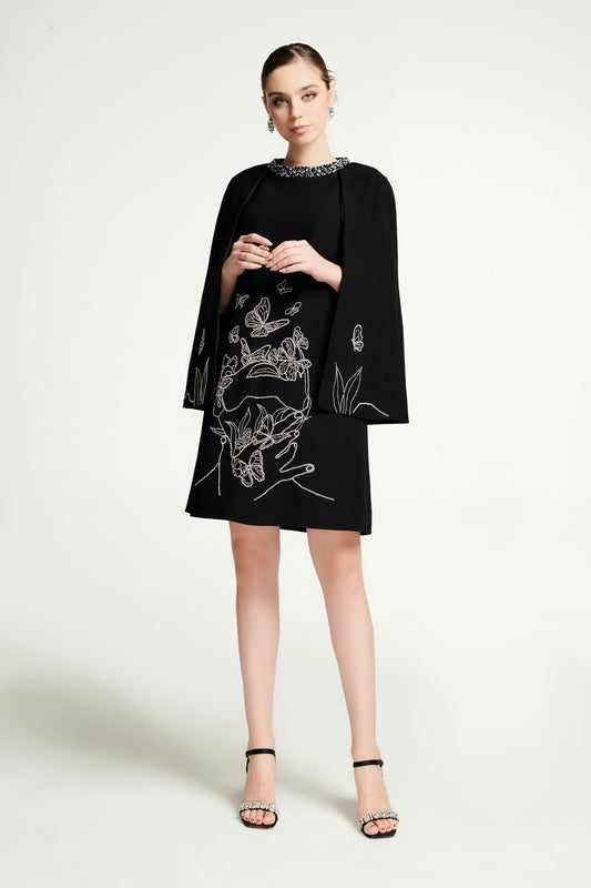 Black Cape Dress with Butterfly Embroidery