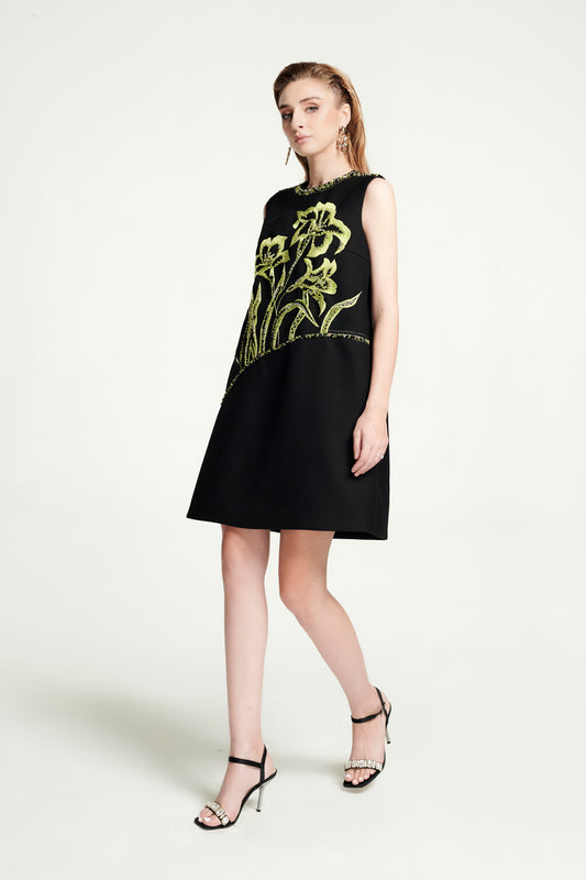 Black Floral Embroidered A-Line Sleeveless Dress
