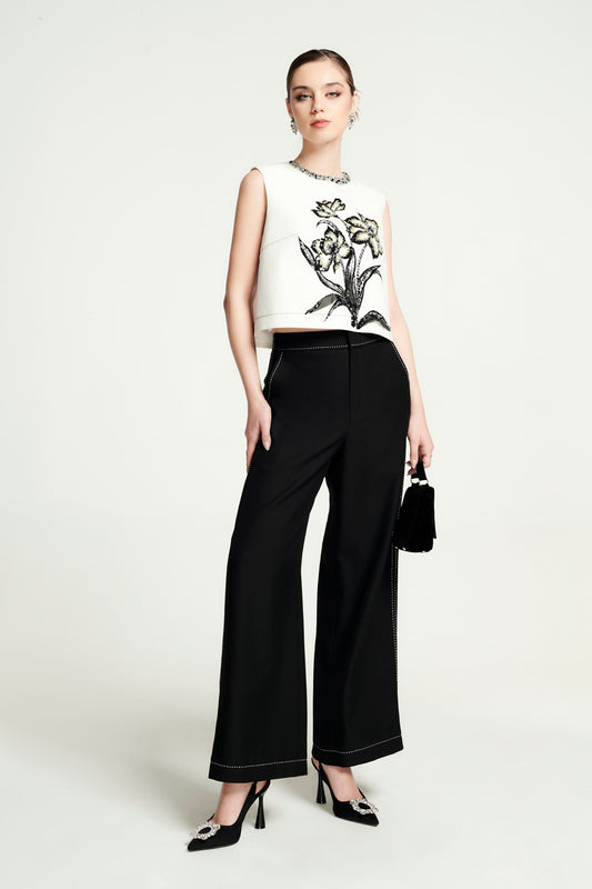 Embroidered Floral Cropped Top with High-Waisted Black Wide-Leg Pants
