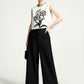 Embroidered Floral Cropped Top with High-Waisted Black Wide-Leg Pants