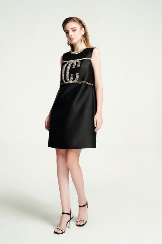 Black Sleeveless A-Line Dress with Embellished Logo Detailing