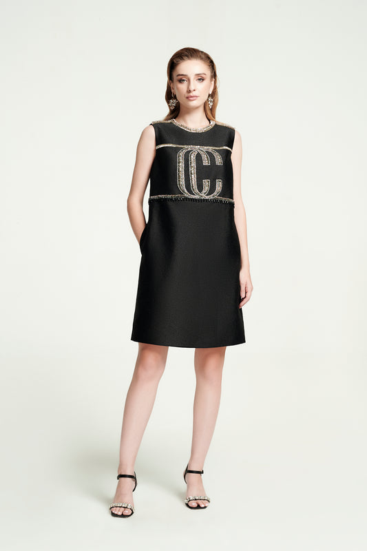 Black Sleeveless A-Line Dress with Embellished Logo Detailing