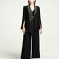 Black Wide-Leg Pantsuit with Embellished Cape Blazer and Lace Detail