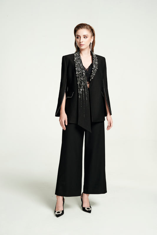 Black Wide-Leg Pantsuit with Embellished Cape Blazer and Lace Detail