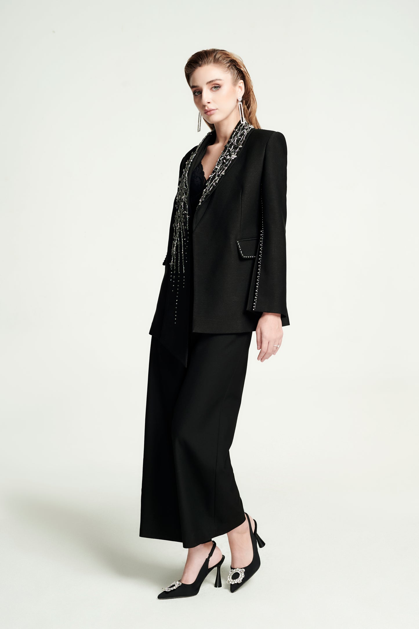Black Wide-Leg Pantsuit with Embellished Cape Blazer and Lace Detail