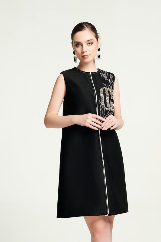Sleeveless Black A-Line Dress with Beaded Front Embroidery