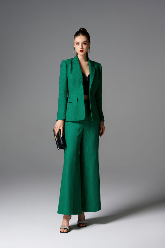 Emerald Green Jacquard Blazer & Wide-Leg Pants Set with Black Crop Top