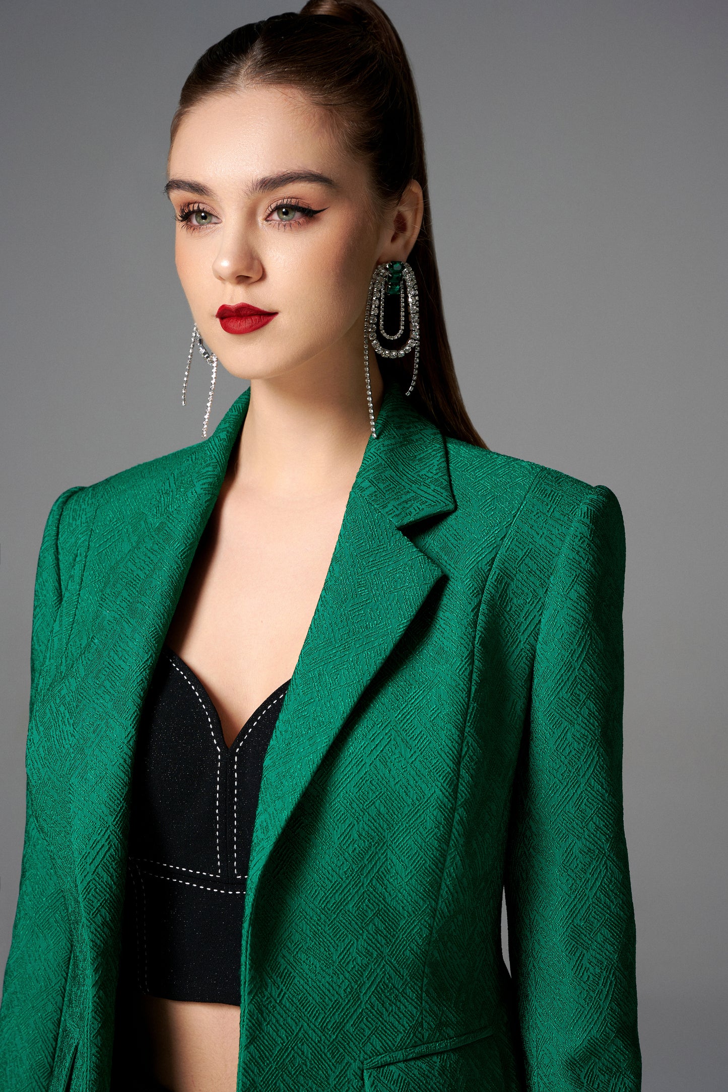 Emerald Green Jacquard Blazer & Wide-Leg Pants Set with Black Crop Top