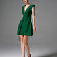 Emerald Green V-Neck Pleated Cocktail Dress – Beaded Neckline Partywear