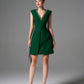 Emerald Green V-Neck Pleated Cocktail Dress – Beaded Neckline Partywear
