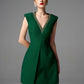 Emerald Green V-Neck Pleated Cocktail Dress – Beaded Neckline Partywear