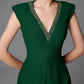Emerald Green V-Neck Pleated Cocktail Dress – Beaded Neckline Partywear