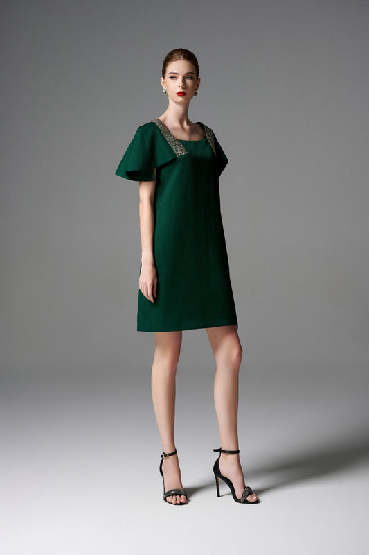 Emerald Green Evening Dress with Embellished Square Neckline
