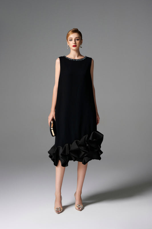 Sleeveless Black Midi Dress with Embellished Neckline and Ruffled Hem