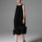 Sleeveless Black Midi Dress with Embellished Neckline and Ruffled Hem