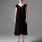 Black V-Neck Midi Dress with Beaded Shoulders