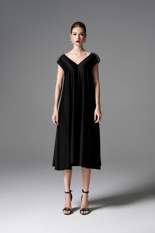 Black V-Neck Midi Dress with Beaded Shoulders
