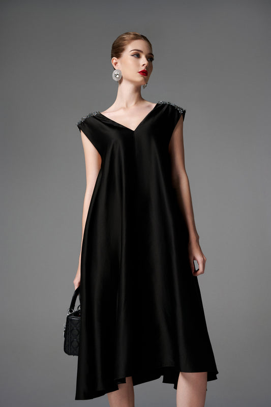 Black V-Neck Midi Dress with Beaded Shoulders
