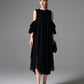 Black Cold-Shoulder Chiffon Dress with Beaded Collar