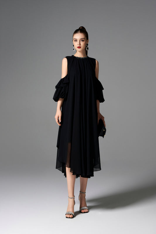 Black Cold-Shoulder Chiffon Dress with Beaded Collar