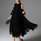 Black Cold-Shoulder Chiffon Dress with Beaded Collar