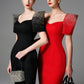Puff Sleeve Pencil Dress with Beaded Shoulders