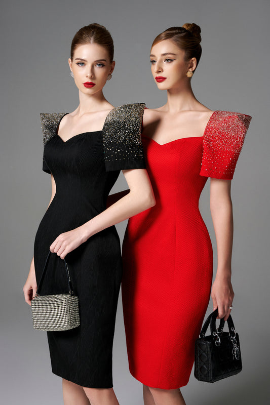 Puff Sleeve Pencil Dress with Beaded Shoulders