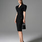 Black Sculpted Sleeve Bodycon Midi Dress with Textured Pattern