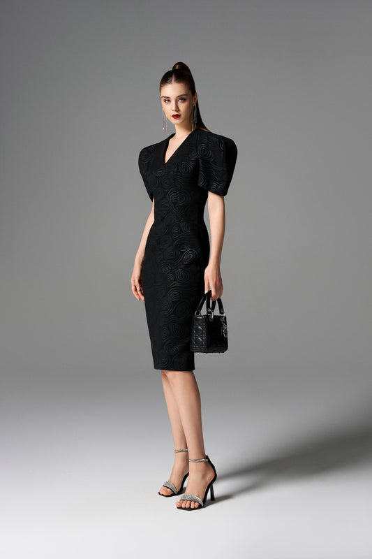 Black Sculpted Sleeve Bodycon Midi Dress with Textured Pattern