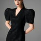 Black Sculpted Sleeve Bodycon Midi Dress with Textured Pattern