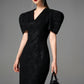 Black Sculpted Sleeve Bodycon Midi Dress with Textured Pattern