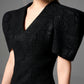 Black Sculpted Sleeve Bodycon Midi Dress with Textured Pattern