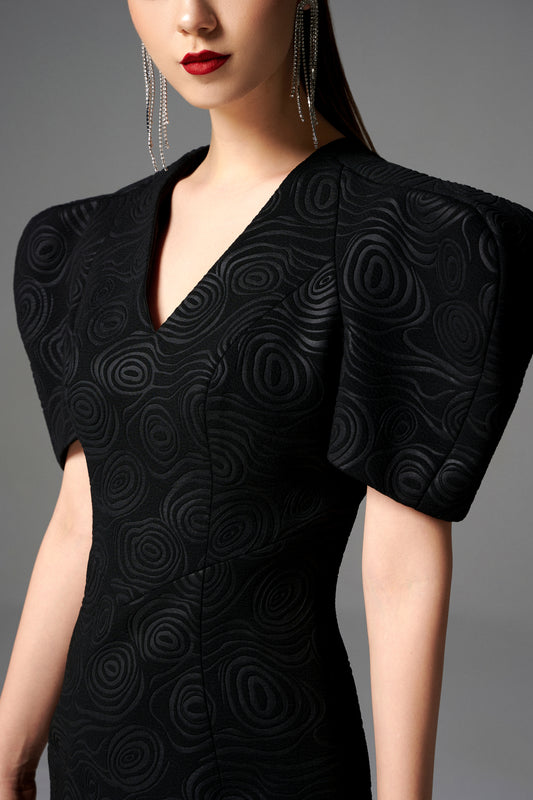 Black Sculpted Sleeve Bodycon Midi Dress with Textured Pattern