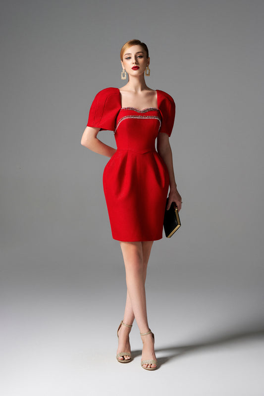 Bold Red Cocktail Dress with Embellished Sweetheart Neckline