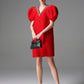 Red A-Line Dress with Embellished V-Neckline and Puff Sleeves