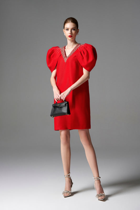 Red A-Line Dress with Embellished V-Neckline and Puff Sleeves