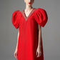 Red A-Line Dress with Embellished V-Neckline and Puff Sleeves