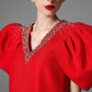 Red A-Line Dress with Embellished V-Neckline and Puff Sleeves