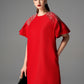 Red Shift Dress with Flutter Sleeves and Beaded Shoulder Detailing