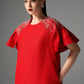Red Shift Dress with Flutter Sleeves and Beaded Shoulder Detailing