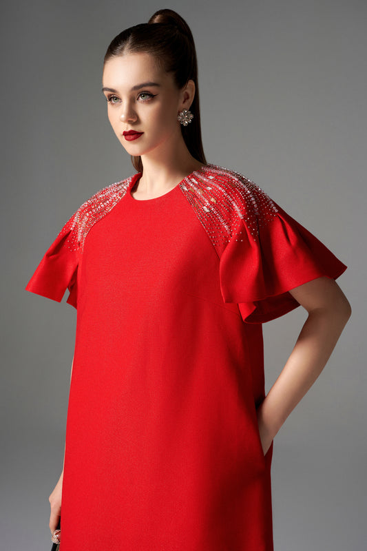 Red Shift Dress with Flutter Sleeves and Beaded Shoulder Detailing